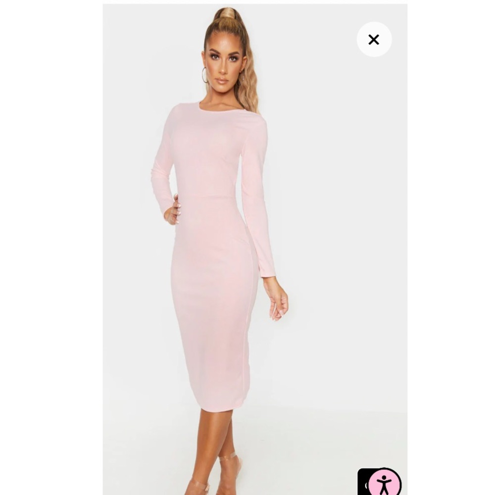 Dusty Pink Tie Open Back Long Sleeve Midi Dress